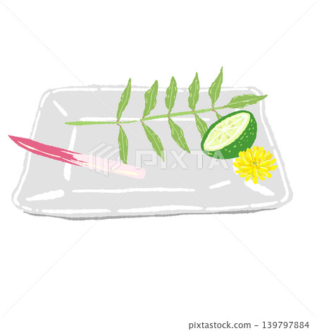 用嫩芽、醃薑和酸橘裝飾,盛於白色方盤中(擺盤完成)。 用嫩芽、醃薑和酸橘裝飾,盛於白色方盤中(擺盤完成)。 139797884