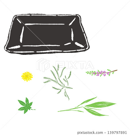 A set of maple leaves and pine needles garnished with a black square plate (finished serving arrangement). A set of maple leaves and pine needles garnished with a black square plate (finished serving arrangement). 139797891