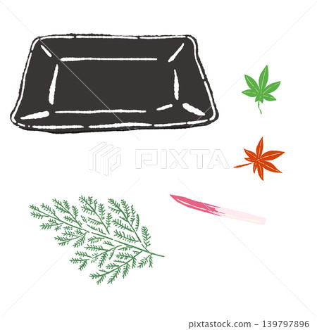 一組柏木、楓葉、醃薑和黑色方盤(擺盤完成)。 一組柏木、楓葉、醃薑和黑色方盤(擺盤完成)。 139797896