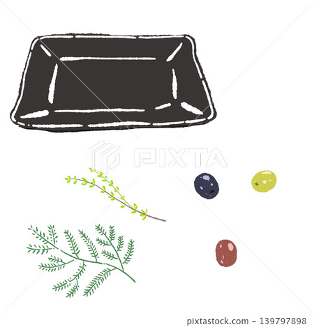 一盤橄欖和香草,點綴在黑色方形盤上(擺盤示意圖)。 一盤橄欖和香草,點綴在黑色方形盤上(擺盤示意圖)。 139797898