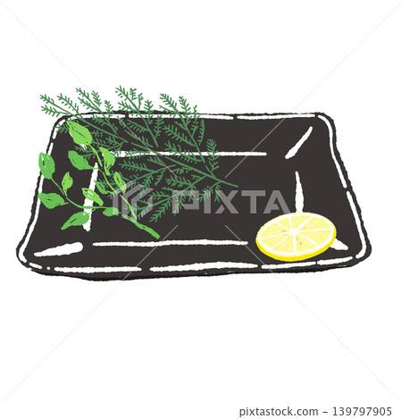 A set of herbs and lemon garnish on a black square plate (finished plating diagram). 139797905
