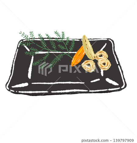 一組香草和蒜片,擺放在黑色方形盤上(擺盤示意圖)。 一組香草和蒜片,擺放在黑色方形盤上(擺盤示意圖)。 139797909