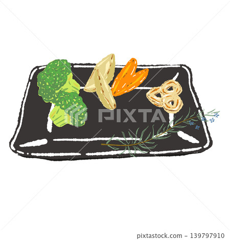Steak with broccoli and potato side dishes on a black square plate (finished presentation). 139797910