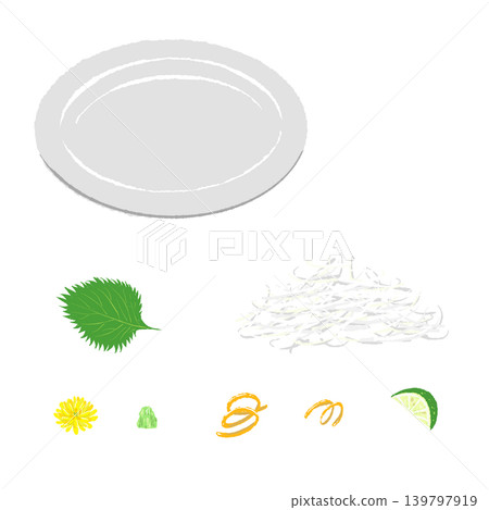 一套生魚片配菜(檸檬)和一個白色盤子(成品擺盤)。 一套生魚片配菜(檸檬)和一個白色盤子(成品擺盤)。 139797919