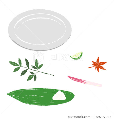一套竹葉、醃薑和白色盤子(擺盤示意圖) 一套竹葉、醃薑和白色盤子(擺盤示意圖) 139797922