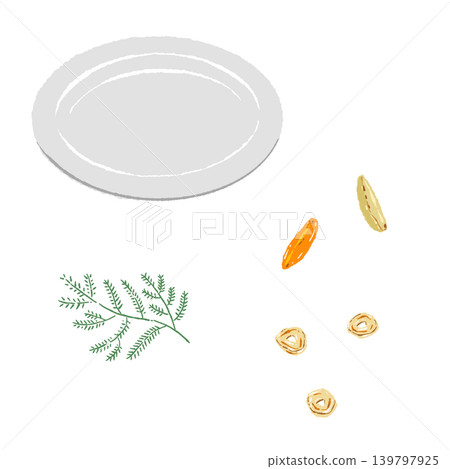 A set of white plates garnished with herbs and garlic chips (finished plating diagram) 139797925