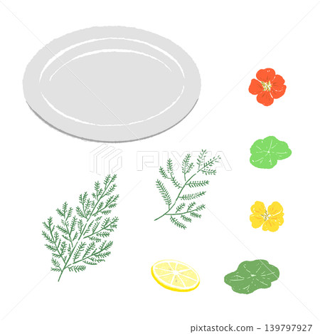 A set of herbs and nasturtiums garnished on a white plate (finished plating diagram) A set of herbs and nasturtiums garnished on a white plate (finished plating diagram) 139797927