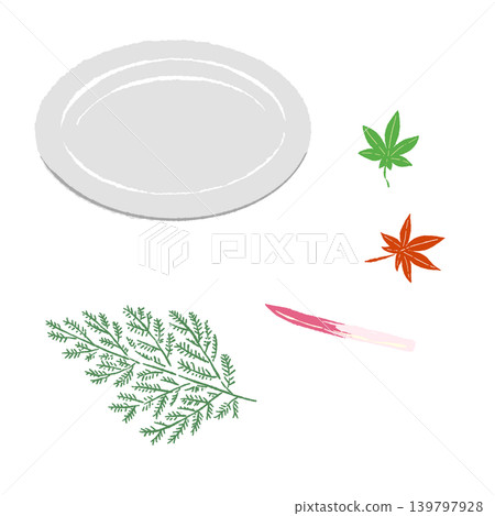 一套柏木、楓葉、醃薑和白色盤子(成品擺盤)。 一套柏木、楓葉、醃薑和白色盤子(成品擺盤)。 139797928