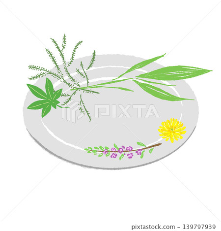 A set of maple leaves and pine needles as garnish and served on a white plate (finished presentation). A set of maple leaves and pine needles as garnish and served on a white plate (finished presentation). 139797939
