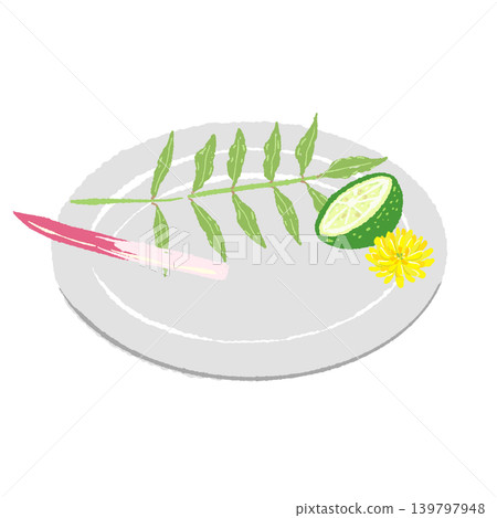 Garnish with young buds, pickled ginger, and sudachi citrus, served on a white plate (finished plating). Garnish with young buds, pickled ginger, and sudachi citrus, served on a white plate (finished plating). 139797948