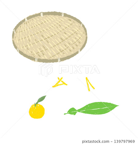 A set of yuzu citrus fruit, yuzu peel, and a round bamboo basket (finished serving picture) 139797969