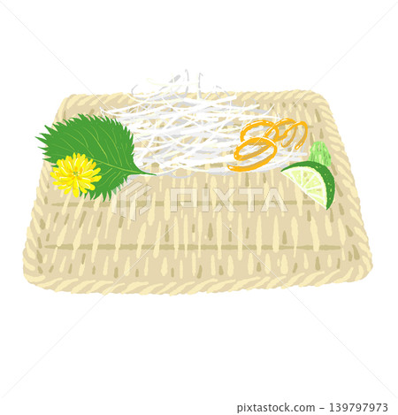 A set of garnishes for sashimi (lemon) and a square bamboo tray (finished presentation). A set of garnishes for sashimi (lemon) and a square bamboo tray (finished presentation). 139797973