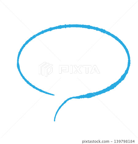 Speech bubble only, blue line art, hand-drawn style, transparent oval background (bottom left), transparent background illustration. 139798184