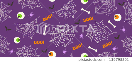 Seamless pattern with spiderwebs bats spooky eyeballs bones and boo text on purple background 139798201