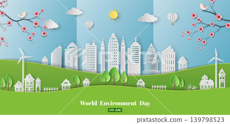 Poster campaign of world environment day,Eco friendly save the environment conservation on paper art background 139798523