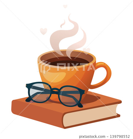 illustration featuring a steaming cup of coffee placed on a closed book with eyeglasses in front. illustration featuring a steaming cup of coffee placed on a closed book with eyeglasses in front. 139798552
