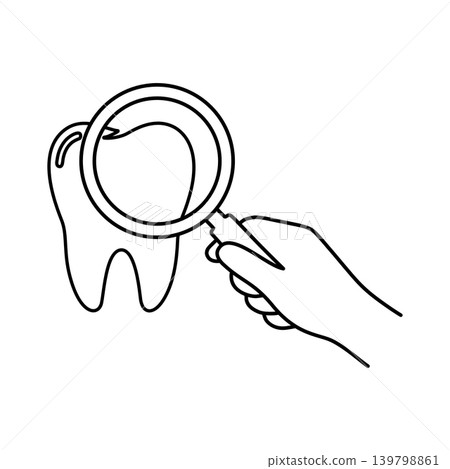A line icon of a hand holding a magnifying glass; teeth A line icon of a hand holding a magnifying glass; teeth 139798861