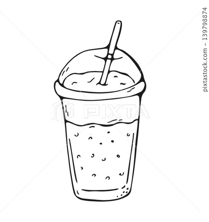Hand drawn iced coffee plastic cup with dome lid and straw doodle illustration Hand drawn iced coffee plastic cup with dome lid and straw doodle illustration 139798874