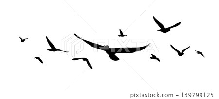 Flying birds silhouette flock. hand drawing. Not AI. Vector illustration Flying birds silhouette flock. hand drawing. Not AI. Vector illustration 139799125