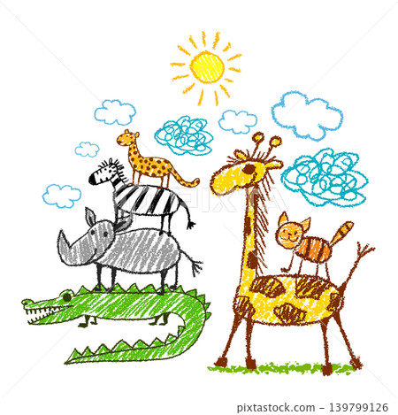 Cartoon Set of African animals for children's drawings. Original bookmark Hand drawn. Not AI, vector illustration. 139799126