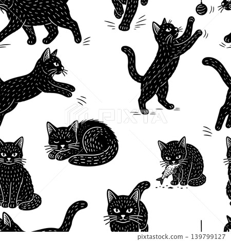 Black cats seamless pattern Hand drawn. Not AI, vector illustration. Black cats seamless pattern Hand drawn. Not AI, vector illustration. 139799127