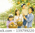 一幅描繪一家人在旅遊農場享受採摘梨子樂趣的插圖。 139799220