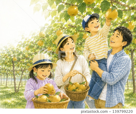 一幅描繪一家人在旅遊農場享受採摘梨子樂趣的插圖。 一幅描繪一家人在旅遊農場享受採摘梨子樂趣的插圖。 139799220