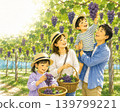 一幅描繪一家人在旅遊農場享受採摘葡萄樂趣的插圖。 139799221