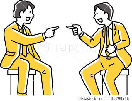 Male employees happily pointing fingers at each other. Male employees happily pointing fingers at each other. 139799566