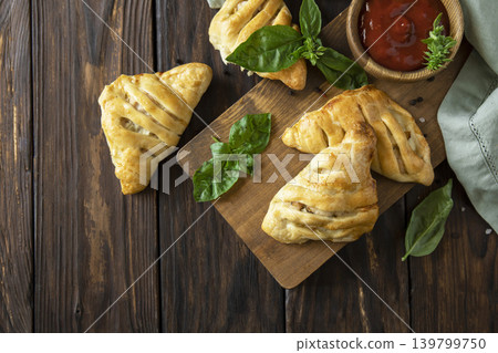 Mini savory meat pies from flaky dough on a wooden board over wooden background. View from above. Copy space. Mini savory meat pies from flaky dough on a wooden board over wooden background. View from above. Copy space. 139799750