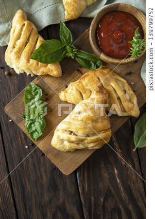 Mini savory meat pies from flaky dough on a wooden board over wooden background. View from above. Copy space. Mini savory meat pies from flaky dough on a wooden board over wooden background. View from above. Copy space. 139799752