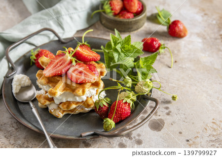 Belgian waffles with ricotta cheese and fresh strawberries for breakfast on a stone background. Sweet breakfast gluten free. Summer homemade recipe. Copy space. Belgian waffles with ricotta cheese and fresh strawberries for breakfast on a stone background. Sweet breakfast gluten free. Summer homemade recipe. Copy space. 139799927