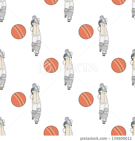 Seamless Pattern with Cricket Batsman and Red Ball on White Background. Professional Cricketer in Uniform and Protective Gear. Line Art Flat Vector Illustration. Continuous for Sports template. Seamless Pattern with Cricket Batsman and Red Ball on White Background. Professional Cricketer in Uniform and Protective Gear. Line Art Flat Vector Illustration. Continuous for Sports template. 139800012