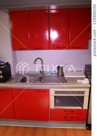 Red Cabinet Kitchen Interior Red Cabinet Kitchen Interior 139800209