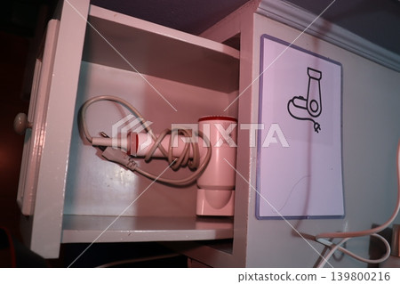 Hairdryer in Wall Cabinet with Usage Symbol Hairdryer in Wall Cabinet with Usage Symbol 139800216