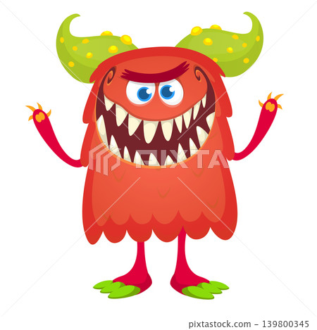 Cartoon scary monster with funny face expression waving hands . Vector illustration isolated on white. Halloween design Cartoon scary monster with funny face expression waving hands . Vector illustration isolated on white. Halloween design 139800345