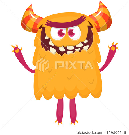Cartoon scary monster with funny face expression waving hands . Vector illustration isolated on white. Halloween design Cartoon scary monster with funny face expression waving hands . Vector illustration isolated on white. Halloween design 139800346