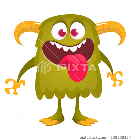 Cartoon scary monster with funny face expression waving hands . Vector illustration isolated on white. Halloween design Cartoon scary monster with funny face expression waving hands . Vector illustration isolated on white. Halloween design 139800354