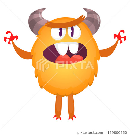 Cartoon scary monster with funny face expression waving hands . Vector illustration isolated on white. Halloween design Cartoon scary monster with funny face expression waving hands . Vector illustration isolated on white. Halloween design 139800360