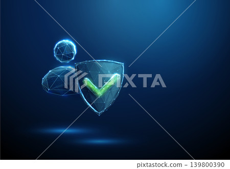 3D blue avatar and shield with green checkmark. Verified user protection, trusted digital identity, account security validation, cybersecurity, authorizationt concept 3D blue avatar and shield with green checkmark. Verified user protection, trusted digital identity, account security validation, cybersecurity, authorizationt concept 139800390