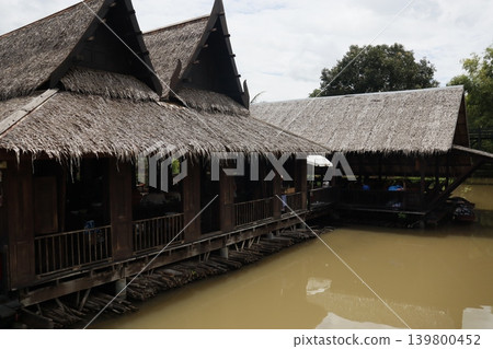 Stilt Houses Over Water with Thatched Roofs 139800452