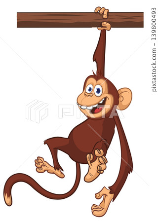 Cartoon funny brown monkey chimpanzee hanging from the wood branch. Vector illustration isolated on white Cartoon funny brown monkey chimpanzee hanging from the wood branch. Vector illustration isolated on white 139800493