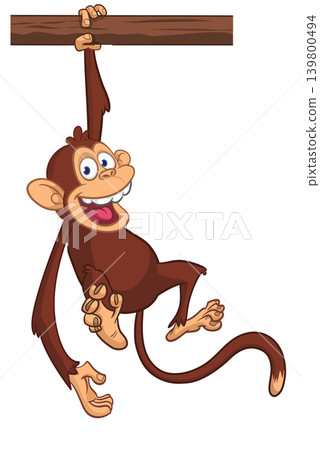 Cartoon funny brown monkey chimpanzee hanging from the wood branch. Vector illustration isolated on white Cartoon funny brown monkey chimpanzee hanging from the wood branch. Vector illustration isolated on white 139800494