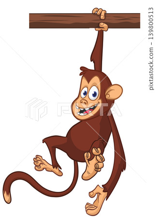 Cartoon funny brown monkey chimpanzee hanging from the wood branch. Vector illustration isolated on white Cartoon funny brown monkey chimpanzee hanging from the wood branch. Vector illustration isolated on white 139800513