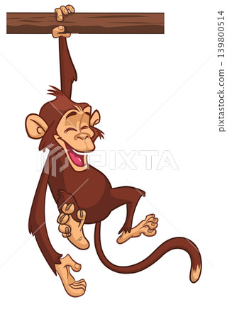 Cartoon funny brown monkey chimpanzee hanging from the wood branch. Vector illustration isolated on white Cartoon funny brown monkey chimpanzee hanging from the wood branch. Vector illustration isolated on white 139800514