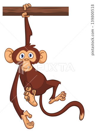Cartoon funny brown monkey chimpanzee hanging from the wood branch. Vector illustration isolated on white 139800518