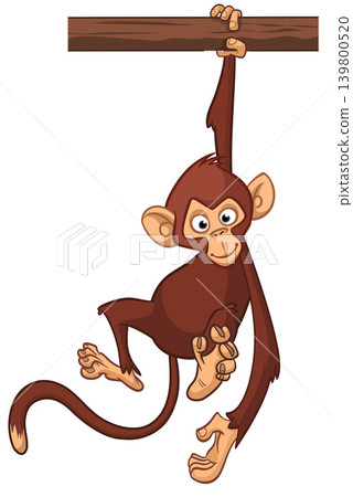 Cartoon funny brown monkey chimpanzee hanging from the wood branch. Vector illustration isolated on white Cartoon funny brown monkey chimpanzee hanging from the wood branch. Vector illustration isolated on white 139800520