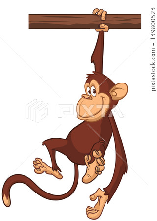 Cartoon funny brown monkey chimpanzee hanging from the wood branch. Vector illustration isolated on white Cartoon funny brown monkey chimpanzee hanging from the wood branch. Vector illustration isolated on white 139800523