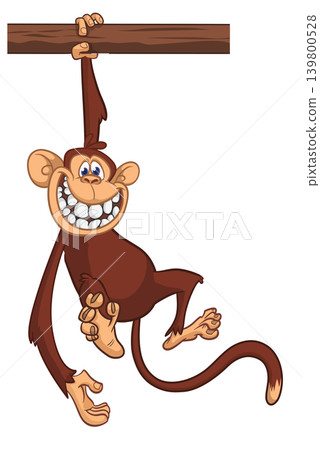 Cartoon funny brown monkey chimpanzee hanging from the wood branch. Vector illustration isolated on white Cartoon funny brown monkey chimpanzee hanging from the wood branch. Vector illustration isolated on white 139800528