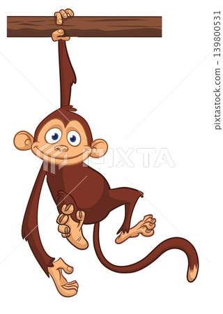 Cartoon funny brown monkey chimpanzee hanging from the wood branch. Vector illustration isolated on white Cartoon funny brown monkey chimpanzee hanging from the wood branch. Vector illustration isolated on white 139800531